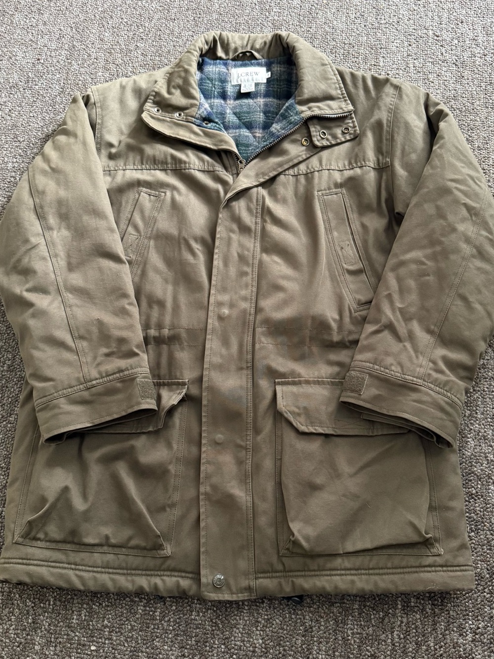 J. Crew Men's Olive Green Utility Barn Chore Coat with Plaid Lining Mens Large